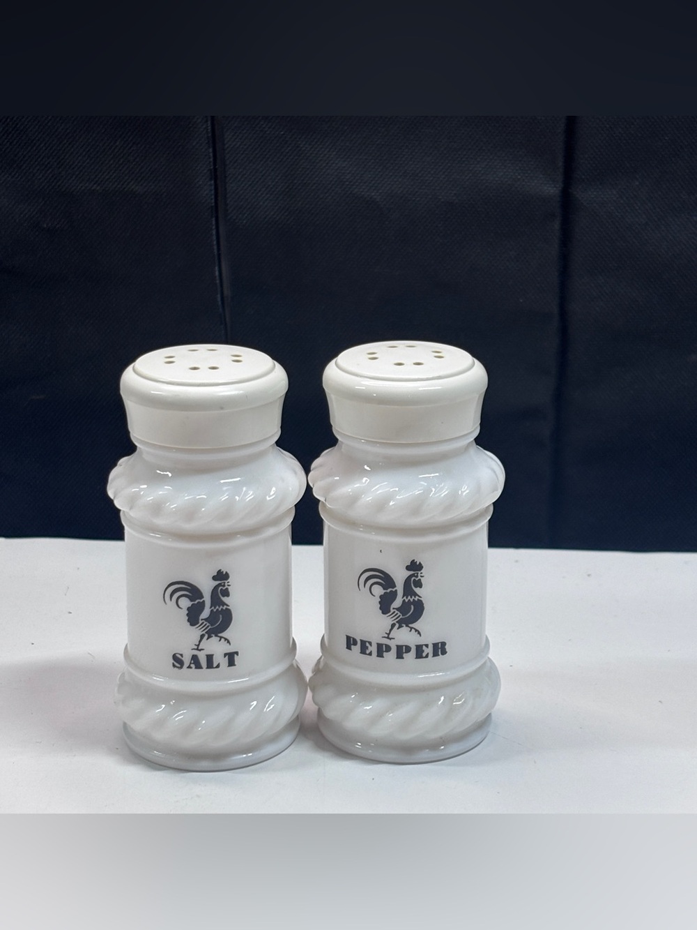 Vintage HAZEL ATLAS Milk Glass Salt Pepper Shaker Set Black Rooster